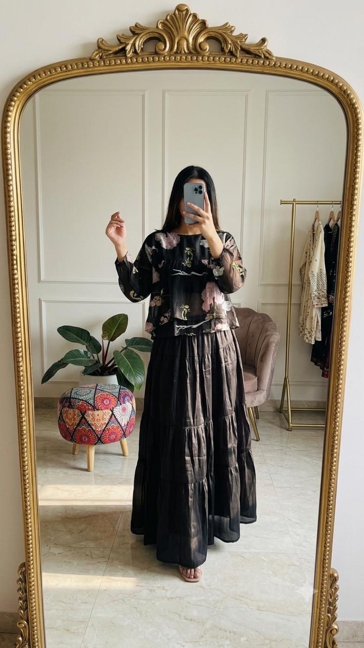 Floral Black Organza Two-Piece Set