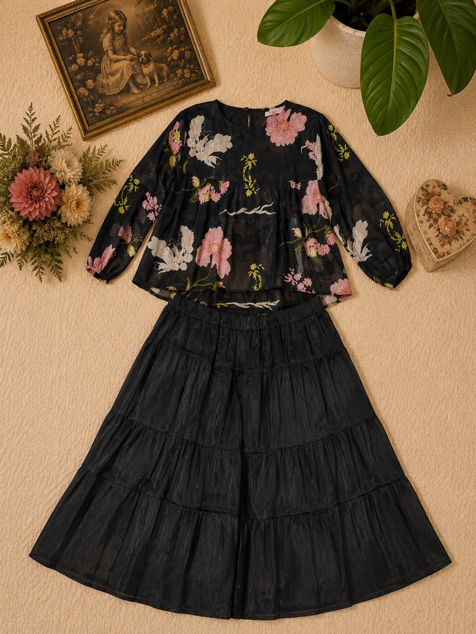 Floral Black Organza Two-Piece Set