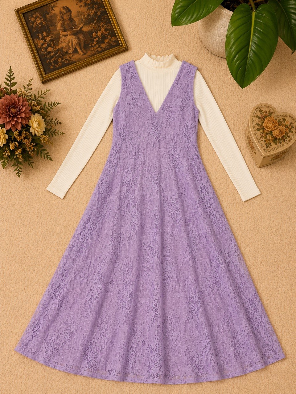 Imported Lavender V Neck Dress