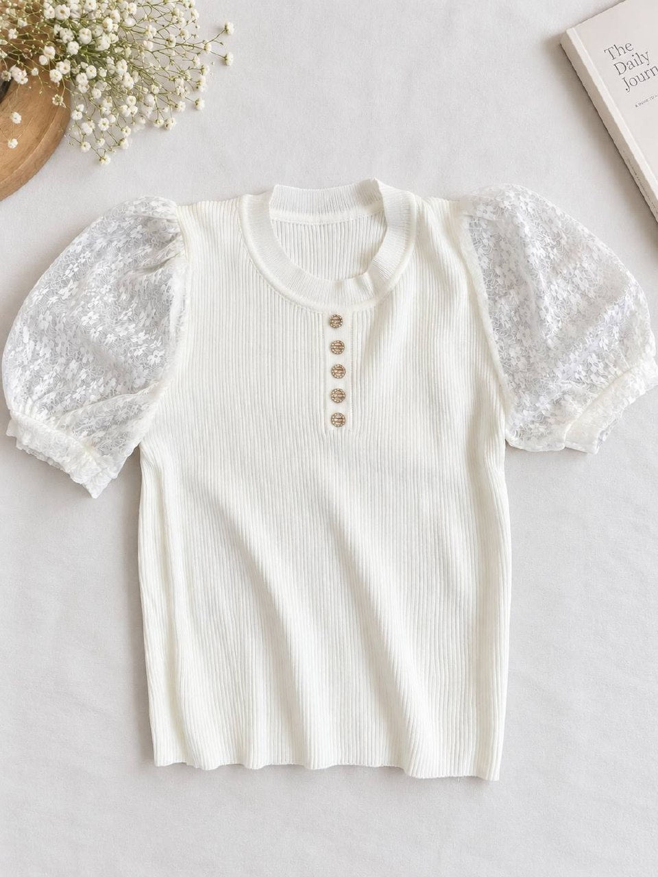 Korean Ribbed Lace Sleeve Top
