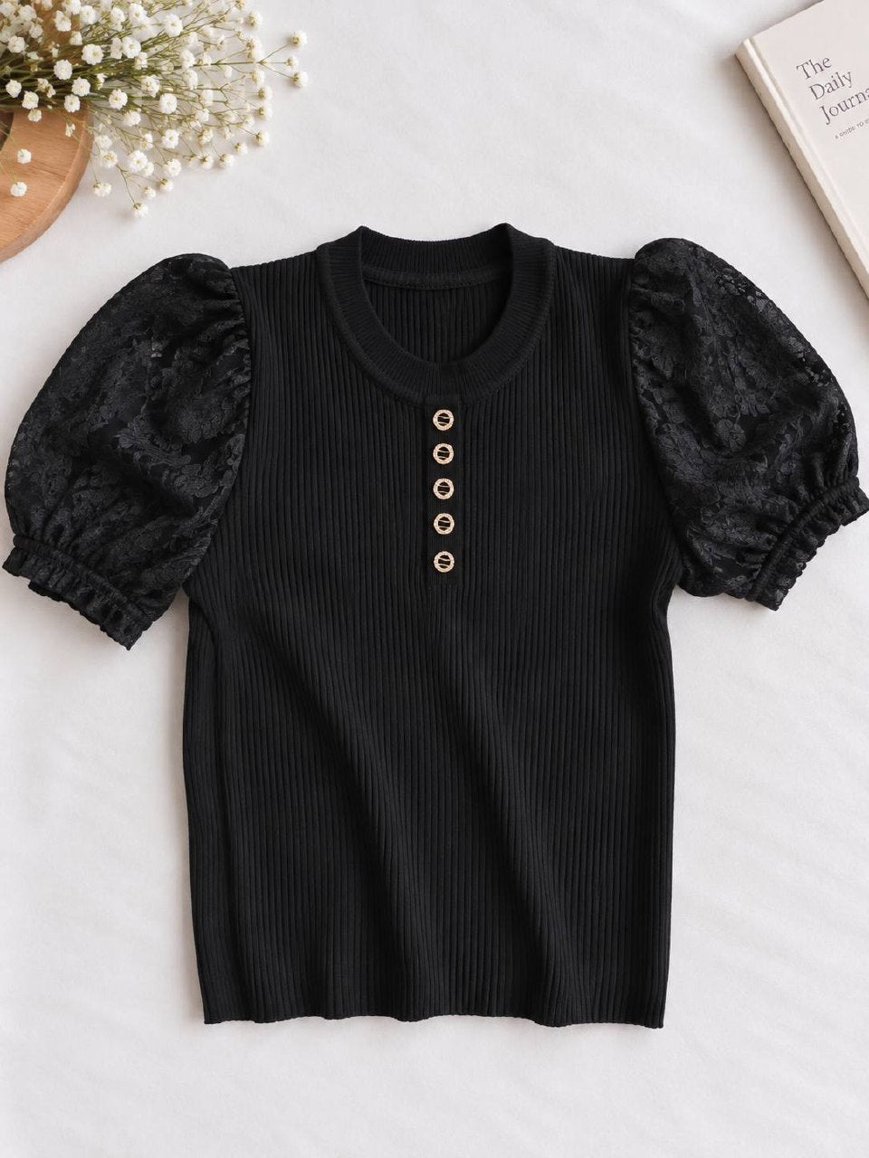 Korean Ribbed Lace Sleeve Top