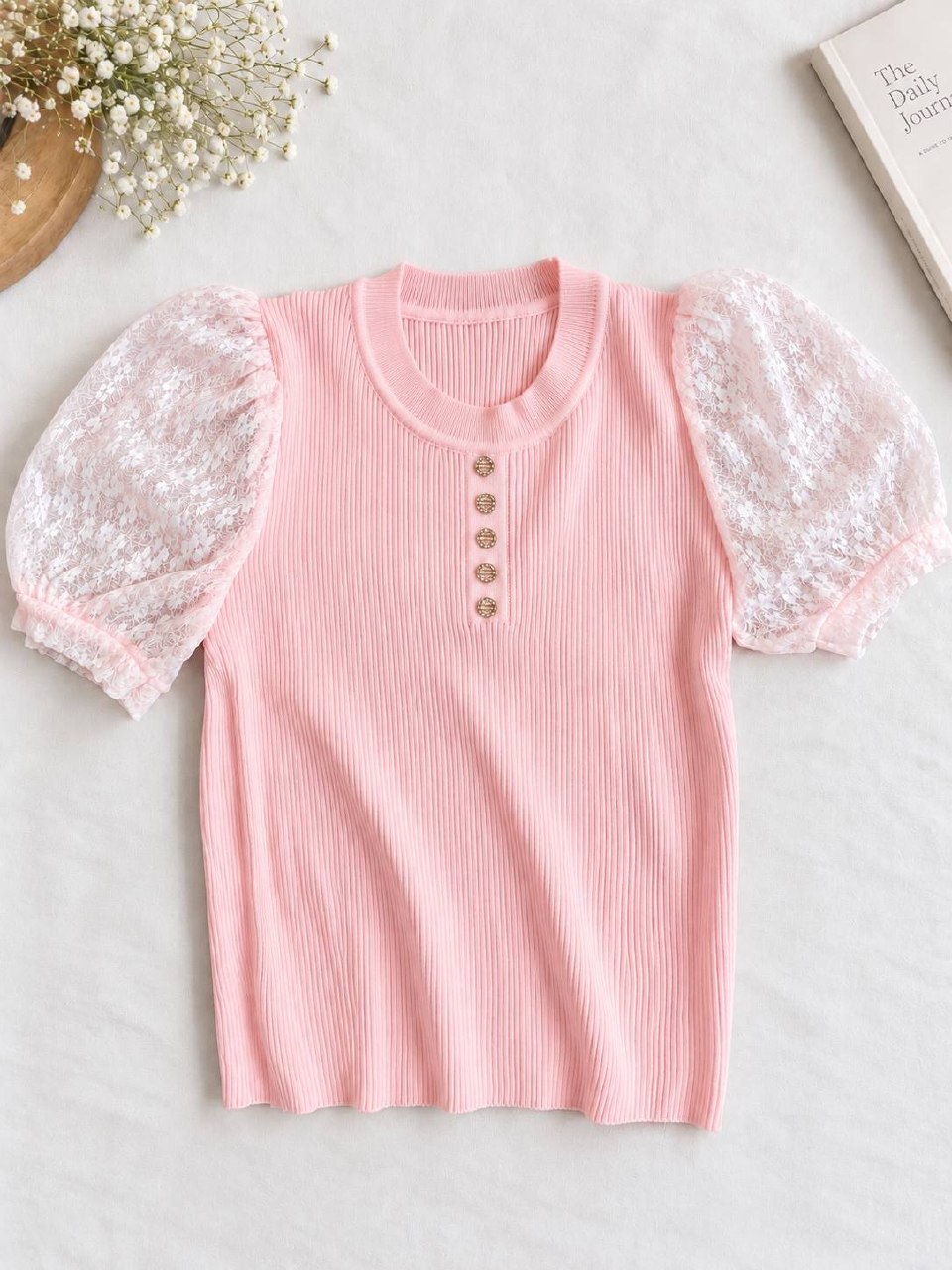 Korean Ribbed Lace Sleeve Top