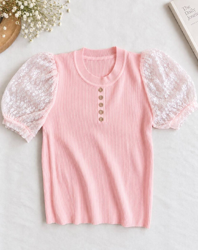 Korean Ribbed Lace Sleeve Top